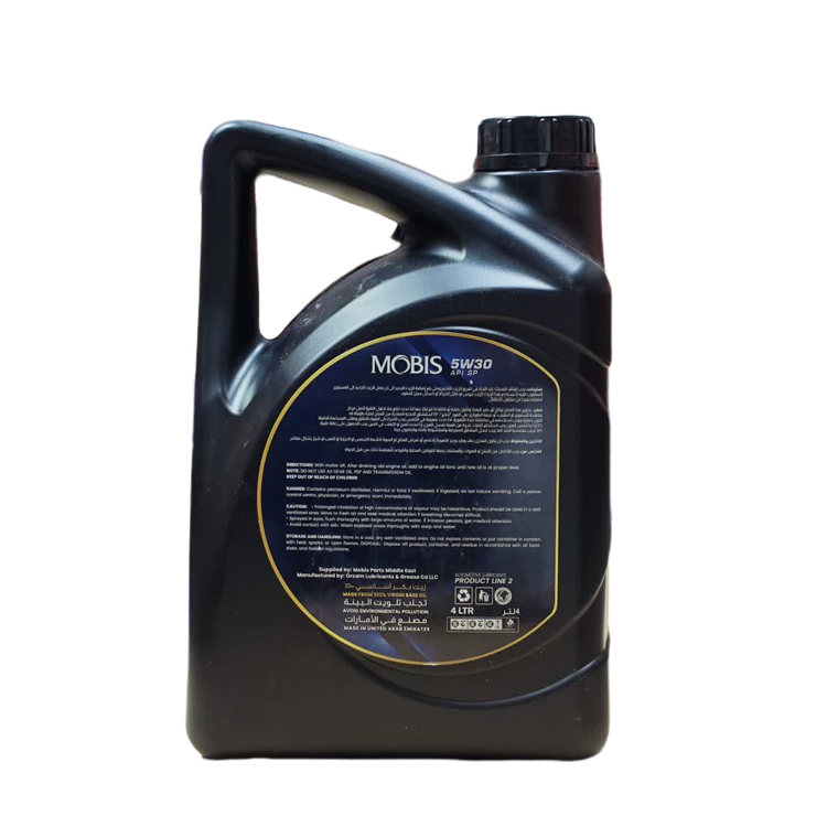 روغن موتور MOBIS 5W30 API SP حجم 4 لیتر، تولید امارات محافظت عالی در استارت سرد و دمای بالا.